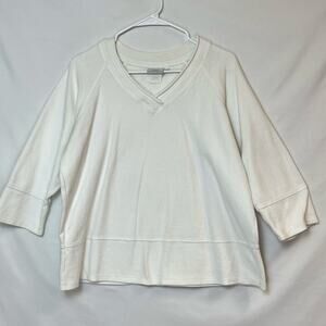Hot Cotton Women's Size Large White 3/4 Sleeve V-Neck Summer Vacation Top